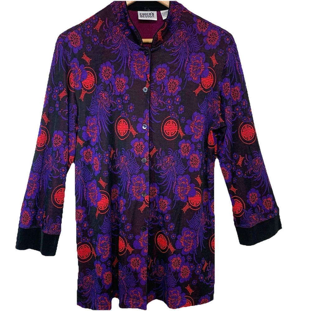 Chico's Design 1 Asian Inspired Floral Tunic Mandarin Collar Purple Red Med. USA